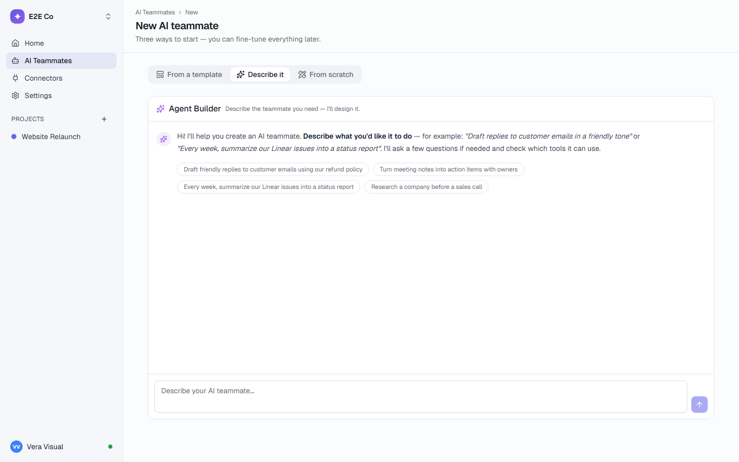 The agent builder chat with suggestions such as “Research a company before a sales call”