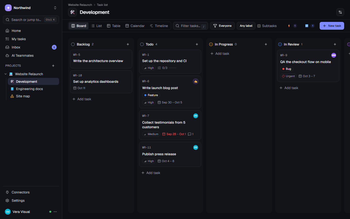 A task list as a board: each list has its own states, labels and fields