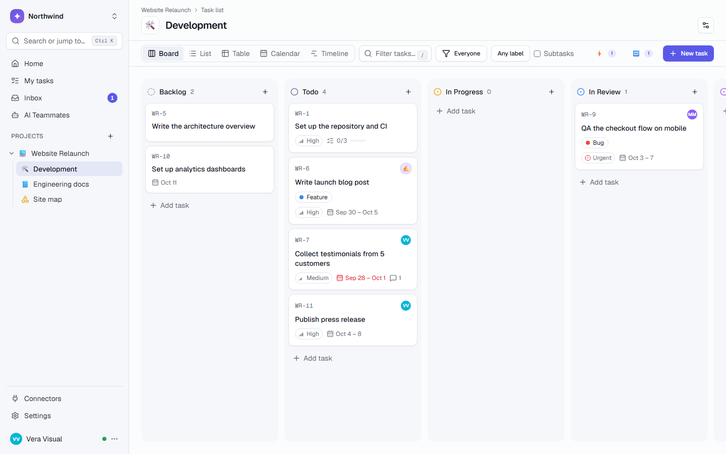 A task list as a board: each list has its own states, labels and fields