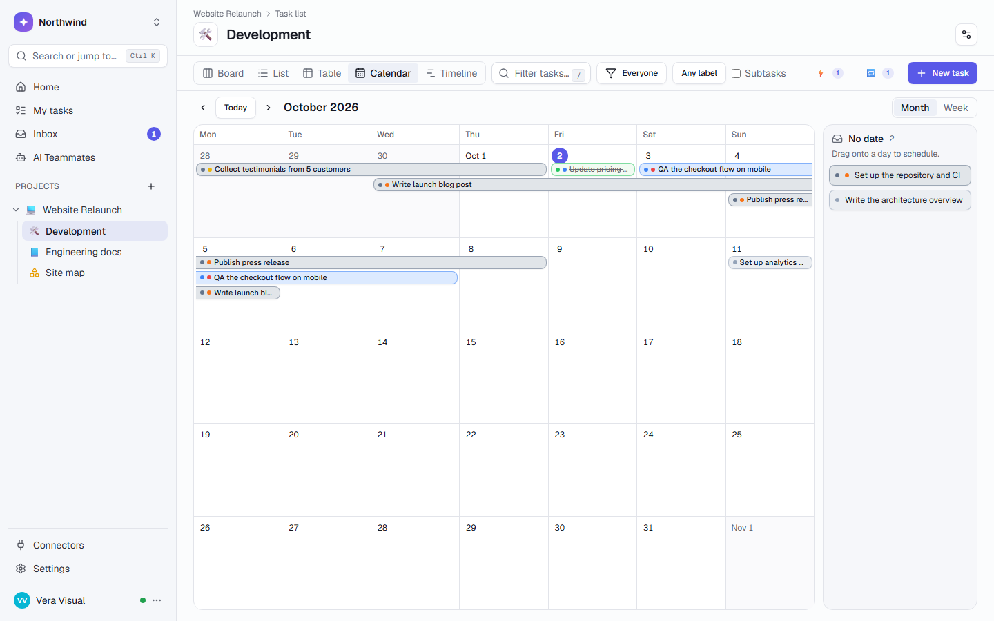 The Development list on a month calendar, with a No date tray on the right