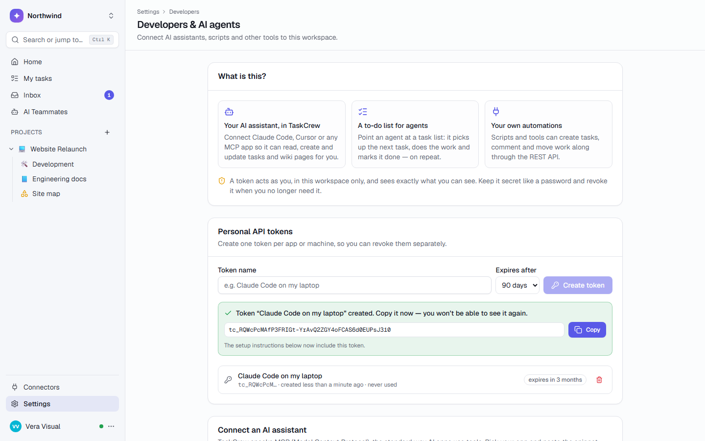 Settings → Developers & AI agents with a new token created and a Copy button