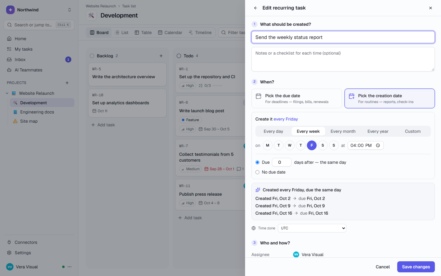 The Edit recurring task form: what to create, a choice between picking the due date or the creation date, the schedule and a preview of the next three dates