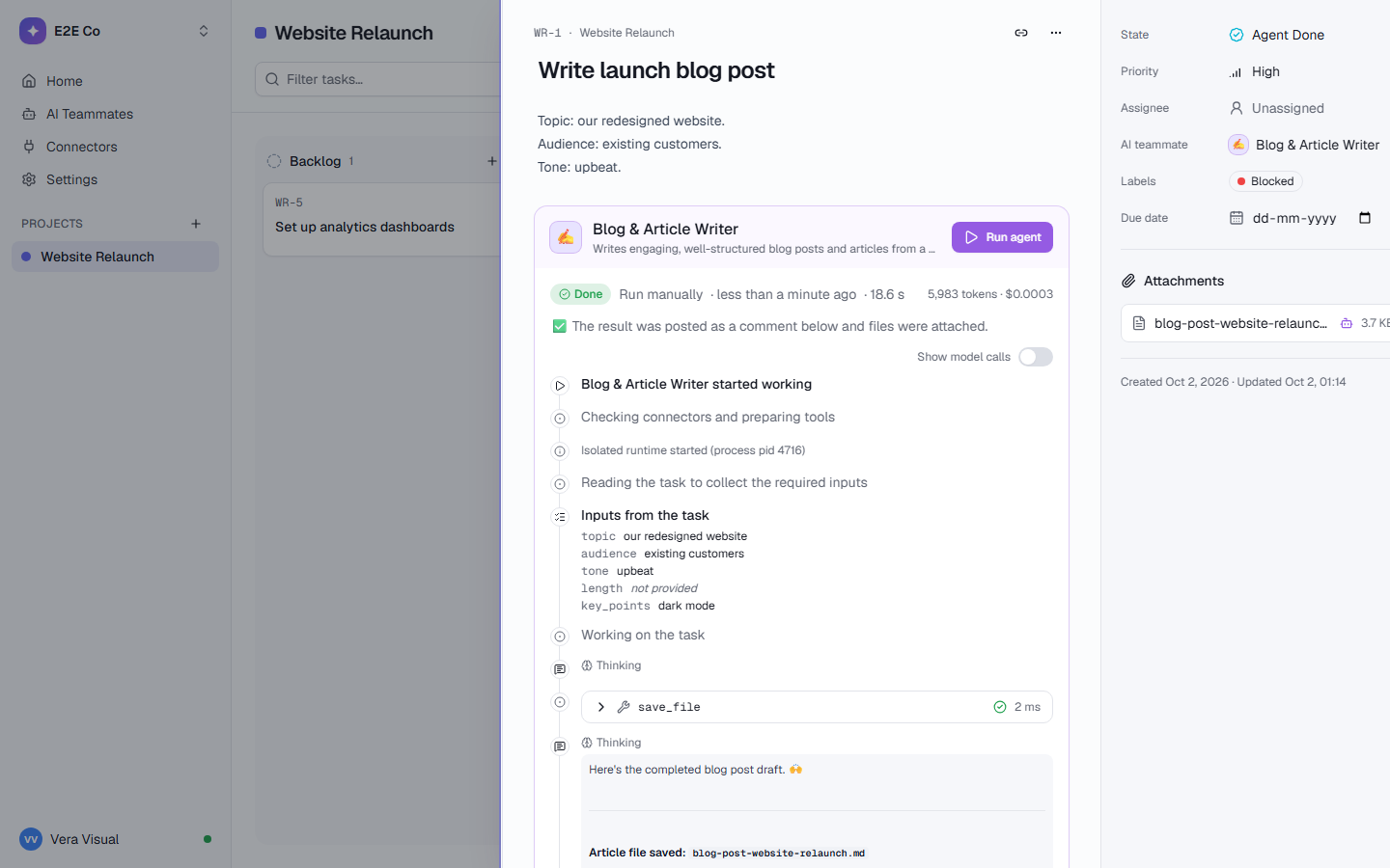 A task with an AI teammate’s run: every step, tool call, token and cost