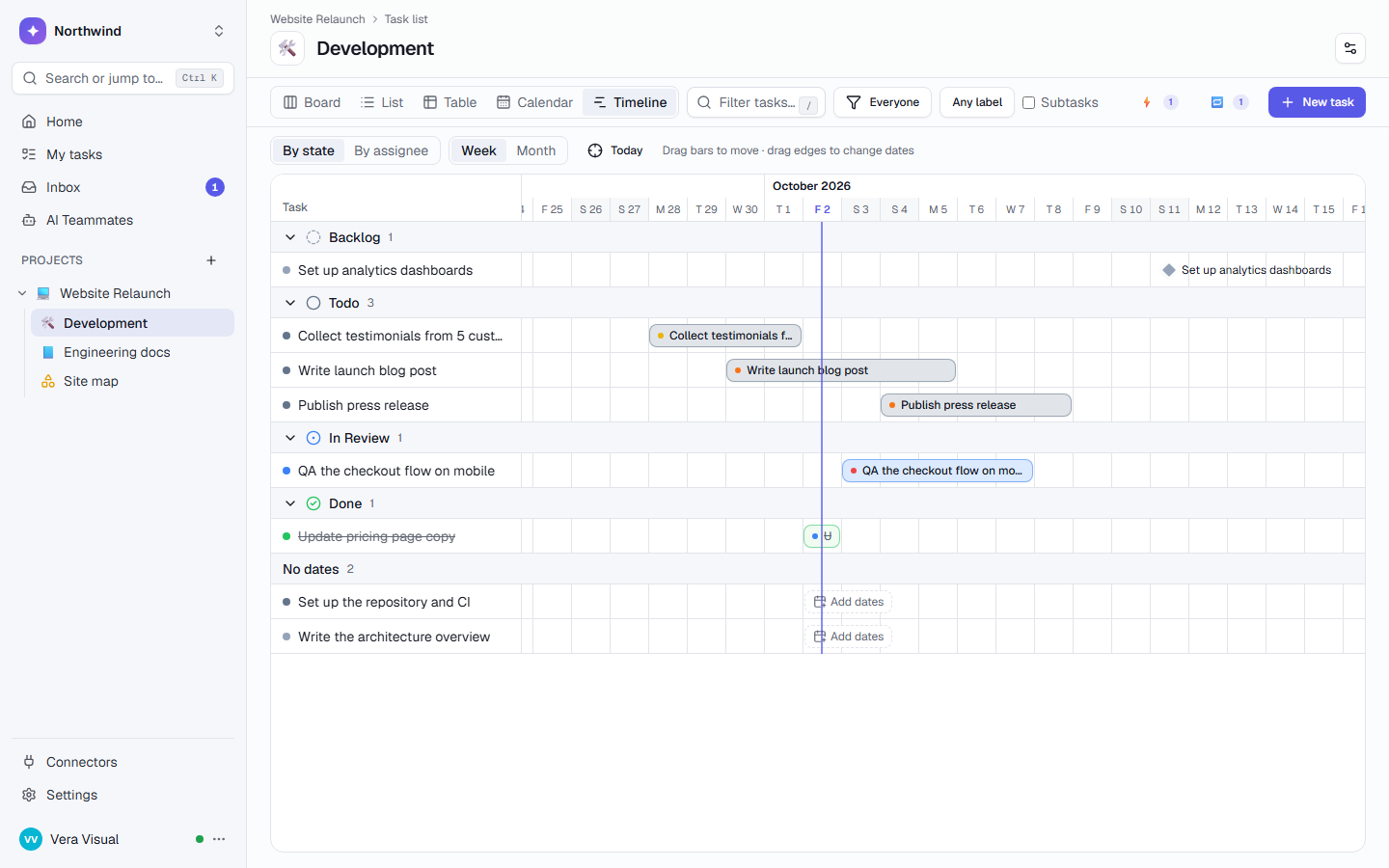 The timeline view with dates you drag