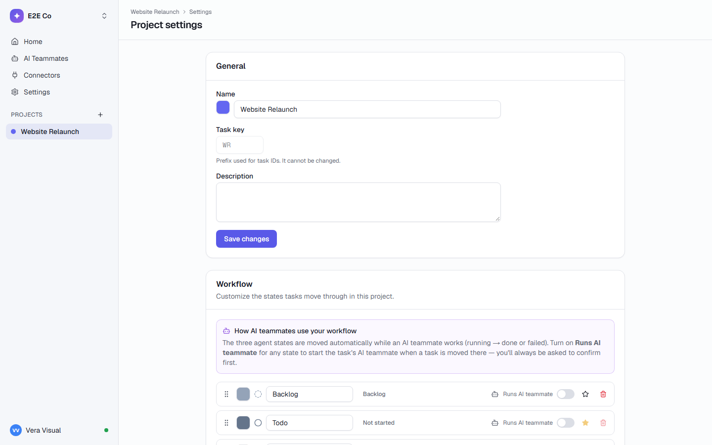 Project settings, Workflow section: each state has a Runs AI teammate switch